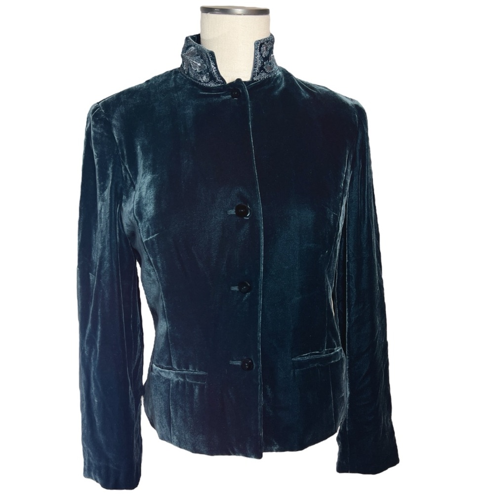 Worth Vintage Teal‎ Silk Blend Embroidered Collar Velvet Jacket Sz 6 Whimsigoth